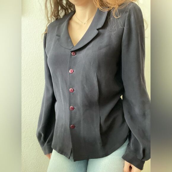 Vintage Dana Buchman Black Silk Button Down Blouse Longsleeve Peter Pan Collar 8 - Picture 3 of 5